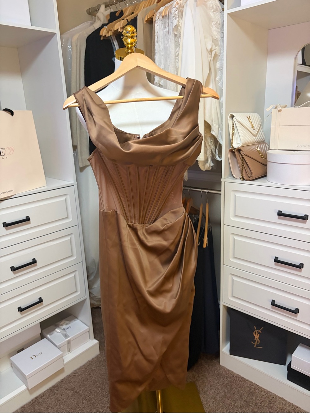 House of CB Lulu Toffee Asymmetric Drape Midi Corset Dress -S - Picture 3 of 15